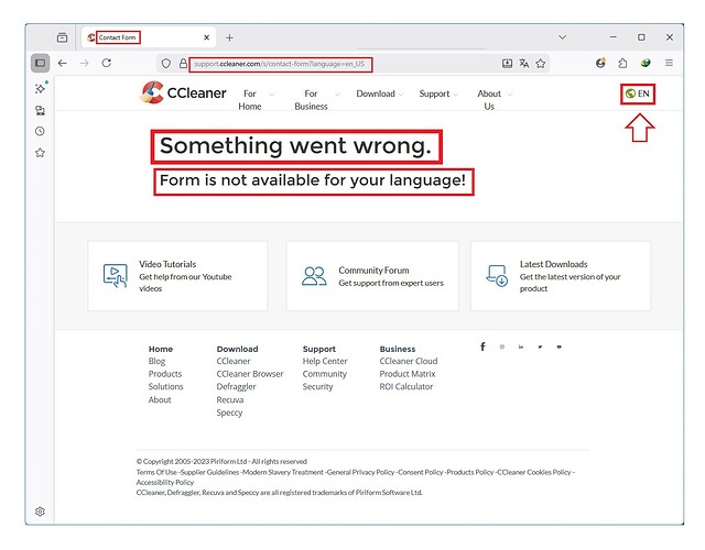 CCLEANER - El formulario de soporte del foro siempre da éste error - (Ejemplo usando Firefox) - (Idioma INGLÉS) - (20260325)