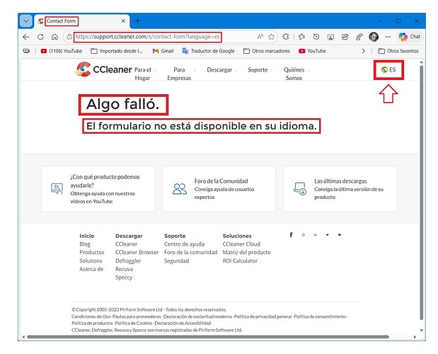 CCLEANER - El formulario de soporte del foro siempre da éste error - (Ejemplo usando Microsoft Edge) - (Idioma ESPAÑOL) - (20260325)