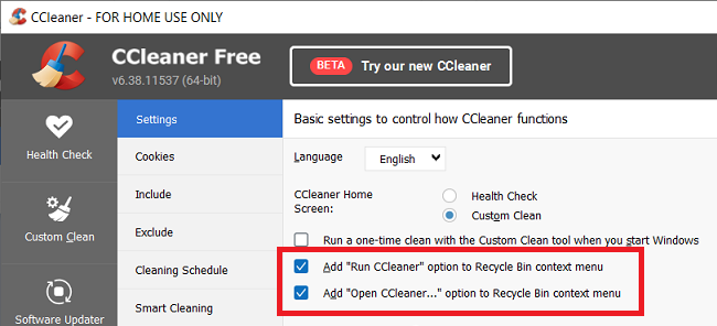 CCleaner v6_38 Settings Add CCleaner Options to Recycle Bin Shortcut 14 Aug 2025