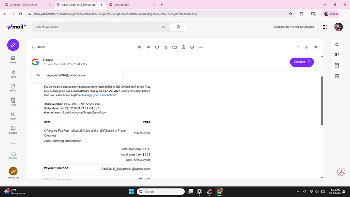 Confirmation from CCleaner of purchase