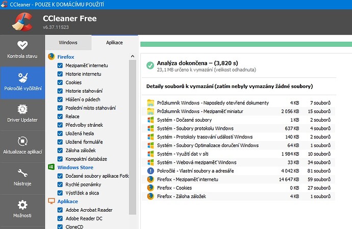 CCleaner - analýza dokončena