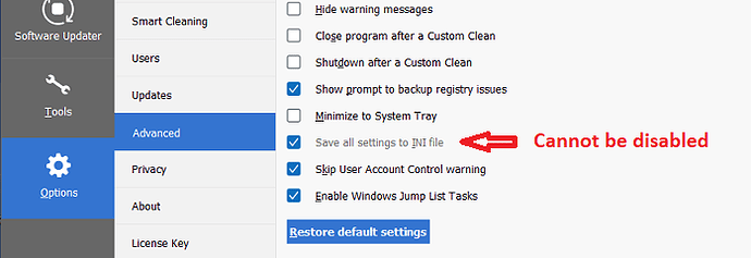 CCleaner v6_28 and v6_29 Options Advanced Save to INI Enabled and Greyed Out 19 Oct 2024