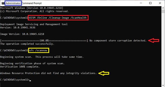 Win 10 Pro v22H2 Command Prompt DISM ScanHealth and SFC No Problems Found 01 Sep 2025