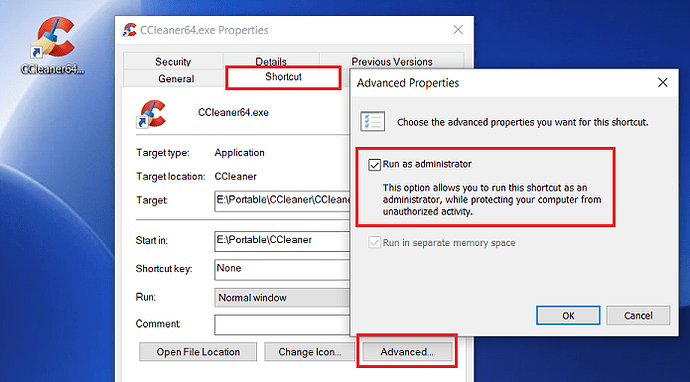Win 10 Pro v22H2 CCleaner v6_38 Desktop Shortcut Run as Administrator 16 Aug 2025
