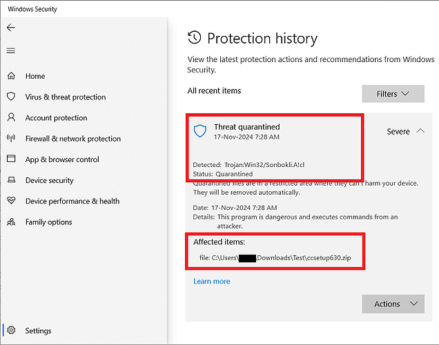 Win 10 Pro v22H2 Win Defender Trojan Sonbokli Threat Removed ccleaner630_zip 17 Nov 2024