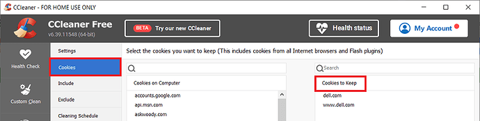 CCleaner v6_39 Options Cookies to Keep 12 Jan 2026