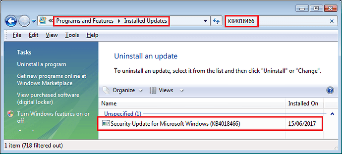 Vista SP2 Installed Updates KB4018466 Shadow Brokers Exploit June 2017