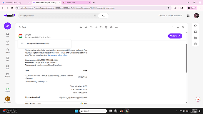 Google email confirmation of CCleaner