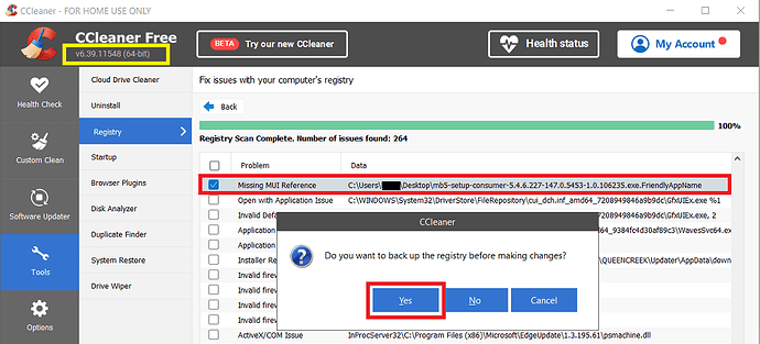 CCleaner v6_39 Registry Cleaner One Entry For Malwarebytes Installer 25 Jan 2026