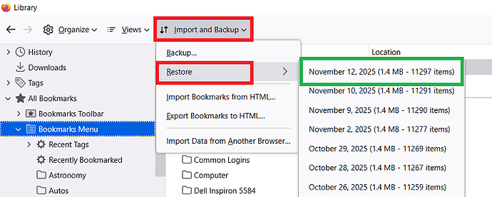 Firefox v145 Manage Bookmarks Restore Backup 15 Nov 2025