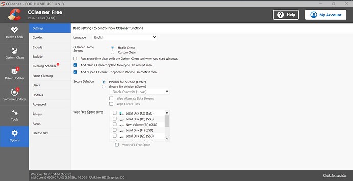 CCLEANER RECYCLE BIN CONTEXT SETTINGS