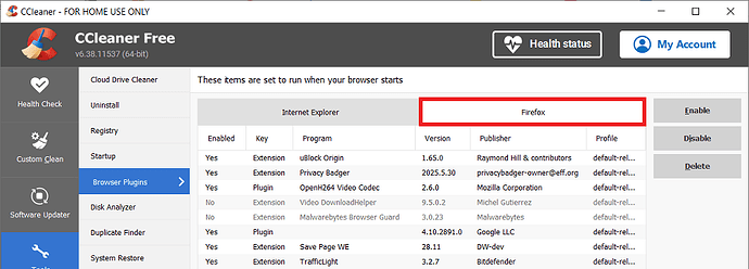 CCleaner v6_38 Tools Browser Plugin Firefox OK MS Edge Missing 02 Aug 2025