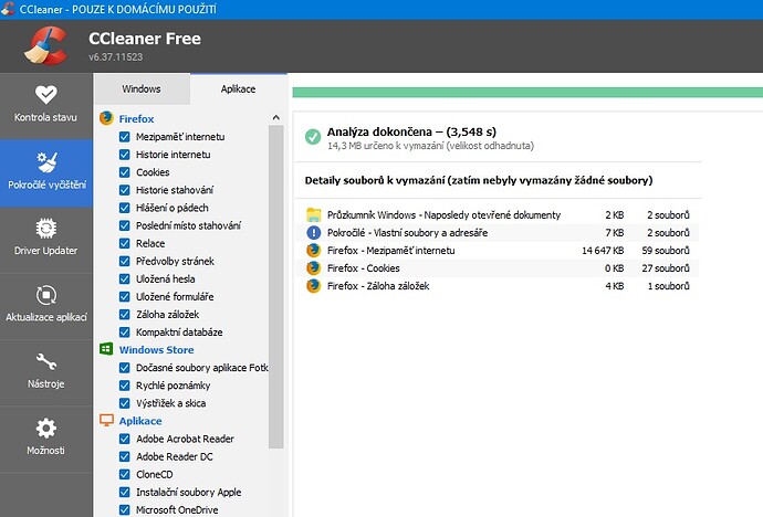 CCleaner - analýza dokončena opakovaná